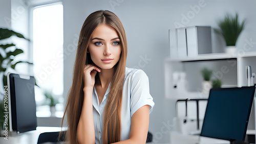Beautiful girl in a corporate agency. Cute woman in workplace. Amazing businesswoman smiling in camera. Office worker scene. © Myvector
