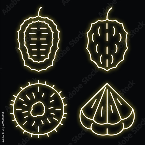 Soursop icons set. Outline set of soursop vector icons neon color on black