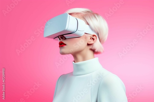 a woman with white hair and a virtual glasses in her hands