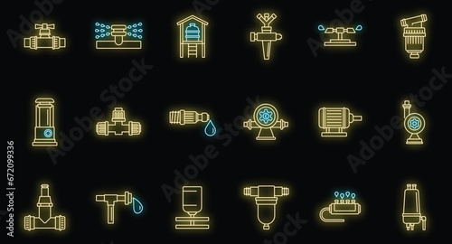Agricultural irrigation system icon set. Outline set of agricultural irrigation system vector icons neon color on black