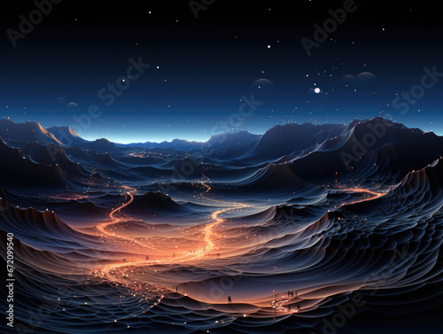 Pixelated landscapes showcase sand dunes under the stars with a touch of Oriental minimalism, featuring realistic chiaroscuro lighting and emphasizing