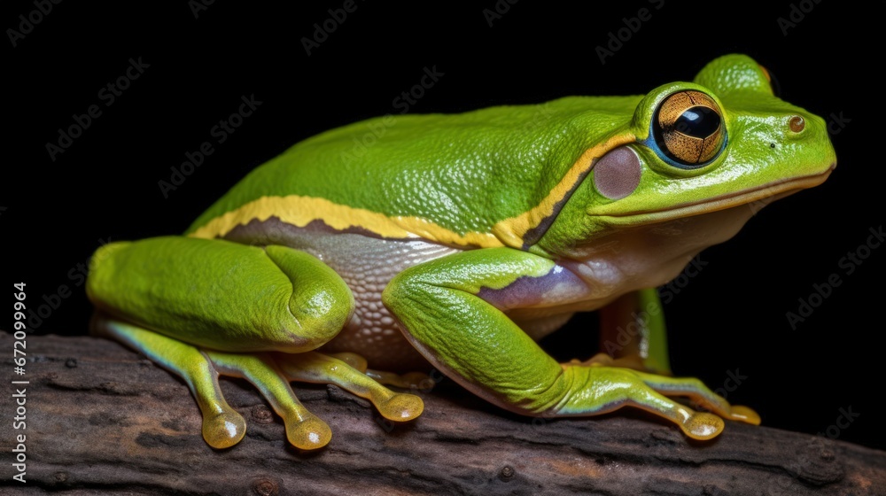 AI-generated illustration of a green frog on a wood with a blurry background AI-generated illustration of a green frog on a wood with a blurry background