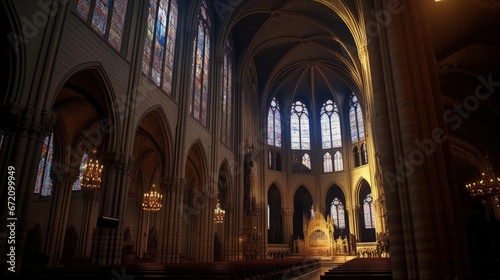AI-generated illustration of a cathedral interior with big windows © Wirestock