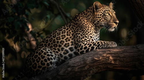 AI-generated illustration of a leopard laying on wood in a forest with a blurry background
