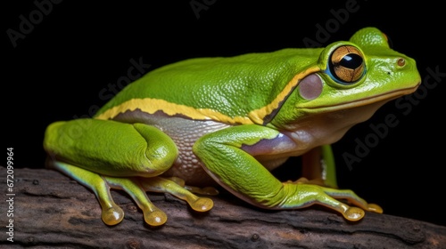 AI-generated illustration of a green frog on a wood with a blurry background