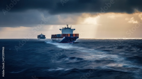 AI-generated illustration of a cargo ship on the sea under a stormy sky © Wirestock
