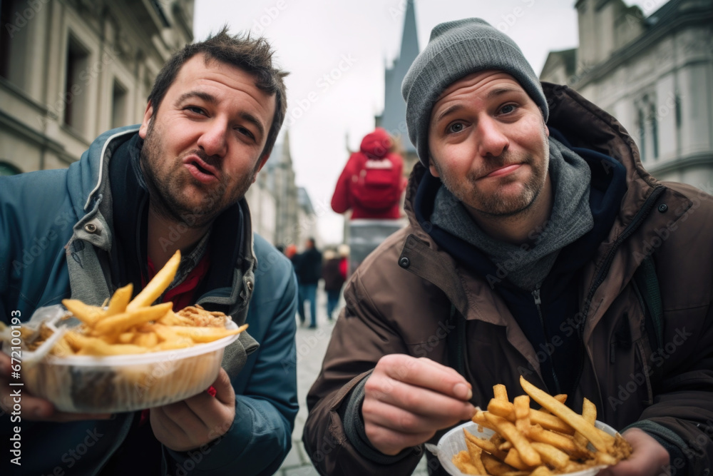 Two silly, goofy male friends eating French fries on the street making funny facial expression Two silly, goofy male friends eating French fries on the street making funny facial expression