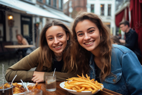 Two female friends enjoying tasty French fries in street restaurant