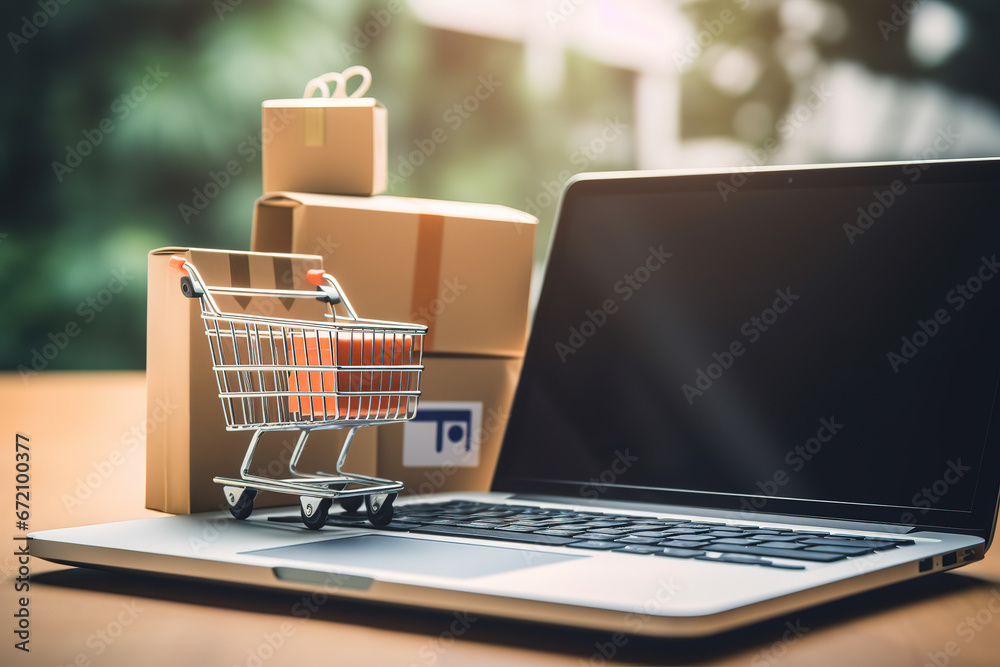 shopping cart on laptop, Online store. Laptop, small shopping cart,
