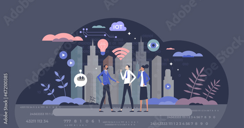 Innovation and technology for modern IOT and smart city systems tiny person concept. Artificial intelligence usage for startup business or process automation vector illustration. Effective IT usage.