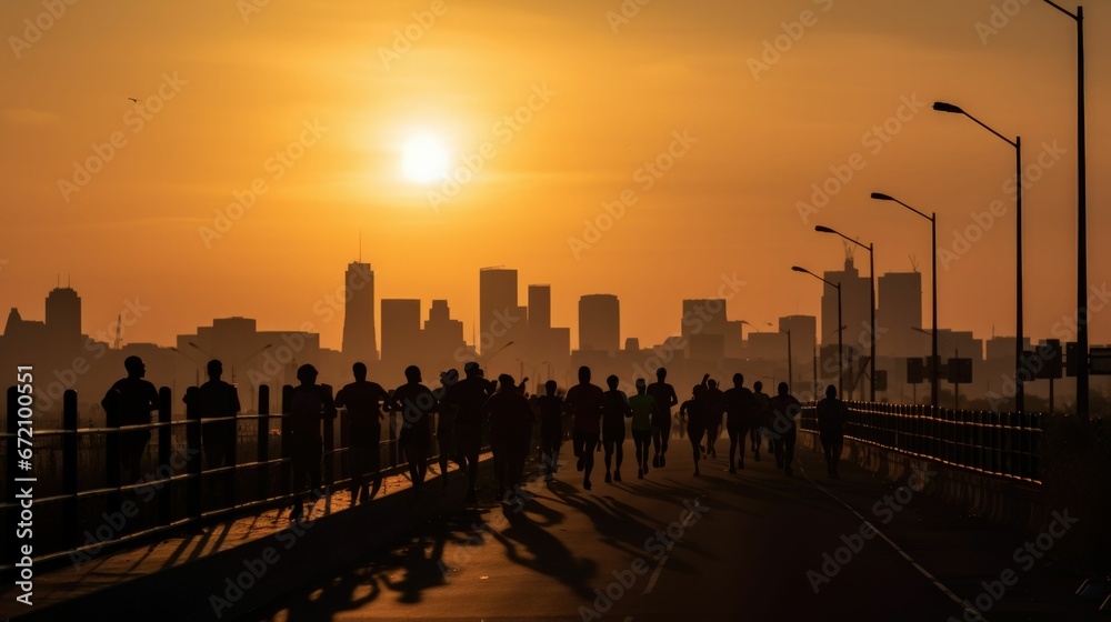 AI-generated illustration of a modern cityscape surrounded by people during the sunset AI-generated illustration of a modern cityscape surrounded by people during the sunset