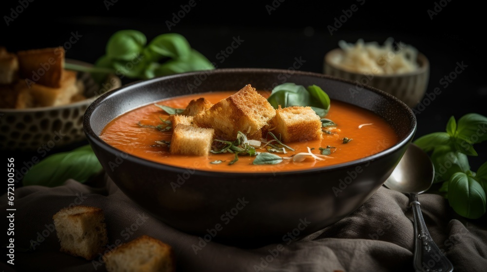 AI-generated illustration of a bowl of delicious cream soup with croutons AI-generated illustration of a bowl of delicious cream soup with croutons