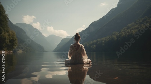 Ai-generated illustration of a person practicing yoga and meditating on a tranquil lake outdoors