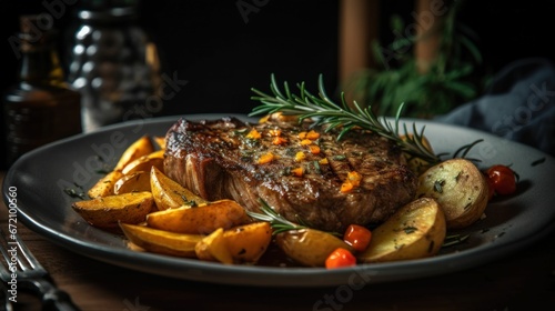 AI-generated illustration of roasted potatoes and steak on a plate garnished with rosemary