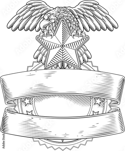A police shield star sheriff cop badge or military security crest emblem motif featuring an eagle in a vintage woodcut style.