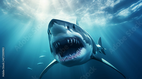 Ocean shark bottom view from below. Open toothy dangerous mouth with many teeth. Underwater blue sea waves clear water shark swims forward. Made with genreative ai photo