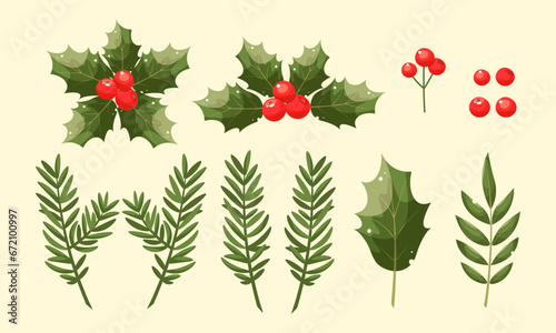 Set of Christmas elements for typographic design. Leaves, spruce branches, red berries. Vector illustration in modern style. Merry christmas celebration clip art.