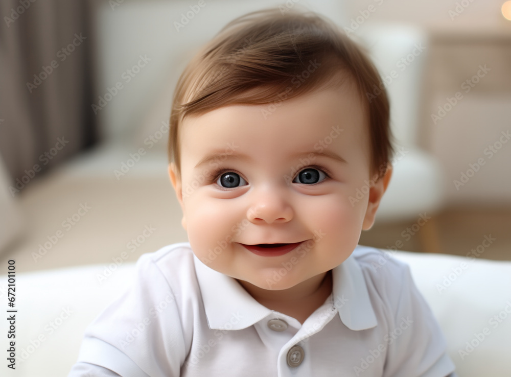 Smiling baby boy in white shirt at home