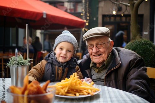 Grandfather and grandson spending time together, eating delicious French fries in the street restaurant 