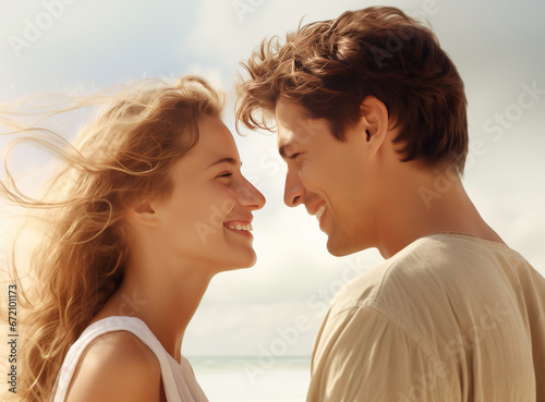 a young couple looking at each other at the beach