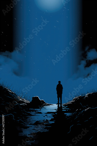 Silhouette of a man in the moonlight on a cliff