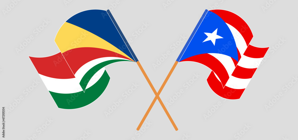 Crossed and waving flags of Seychelles and Puerto Rico Crossed and waving flags of Seychelles and Puerto Rico