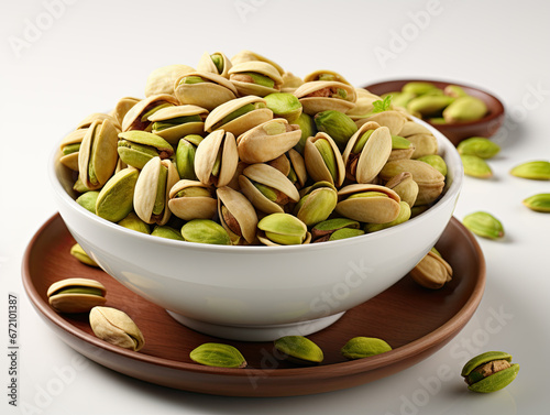 Top view of Pistachios in a bowl, lively tableaus on white background for background removal, commercial imagery.