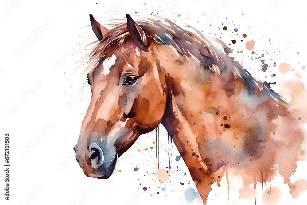 Fototapeta Watercolor portrait of a horse with splashes of paint on a white background. AI generated illustration.