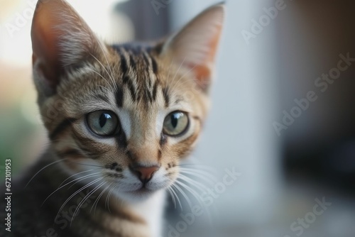 AI generated illustration of a gray striped tabby cat with curious and inquisitive expression © Wirestock