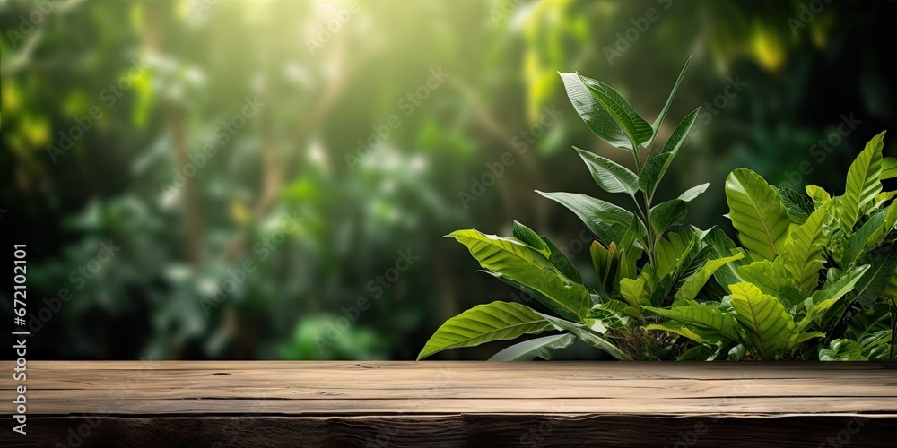 Empty table with nature tapestry. Exploring beauty of green foliage sunlit leaves and organic textures in summer environment Empty table with nature tapestry. Exploring beauty of green foliage sunlit leaves and organic textures in summer environment