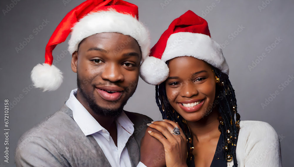 African descendant couple with Santa hat at Christmas African descendant couple with Santa hat at Christmas