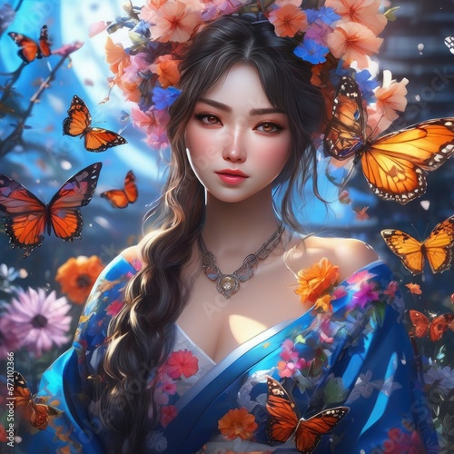 Asian girl in a magical forest surrounded by butterflies