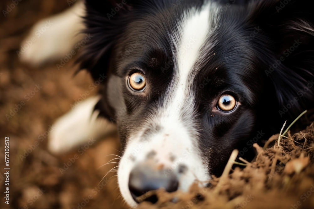 AI generated illustration of Border Collie looking lying on grass and looking at the camera