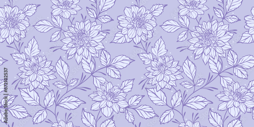 Elegant purple floral vector background with hand drawn dahlia flowers, monochromatic seamless repeat pattern, feminine detailed wallpaper for the spring or summer.