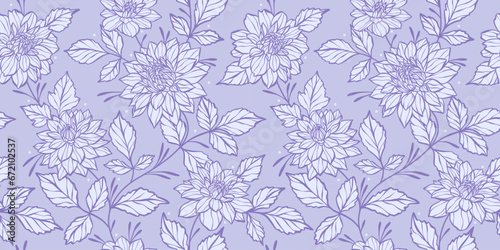 Elegant purple floral vector background with hand drawn dahlia flowers, monochromatic seamless repeat pattern, feminine detailed wallpaper for the spring or summer.