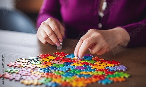 Puzzle Solving  A Woman Assembling Pieces of a Colorful Puzzle