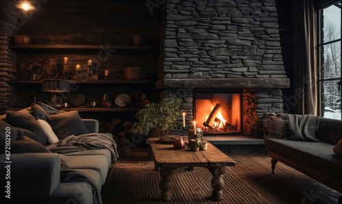 A Cozy Living Space with Stylish Decor and a Warm Fireplace © uhdenis