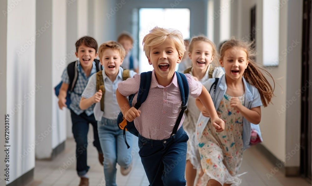 Children Racing Down a Vibrant School Corridor Children Racing Down a Vibrant School Corridor