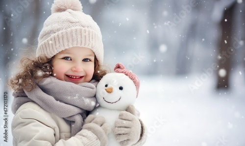 A Heartwarming Winter Scene: Adorable Child Embracing Frosty Joyfully in the Snow