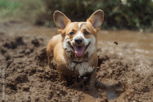 AI generated illustration of a dirty corgi standing in a patch of muddy dirt