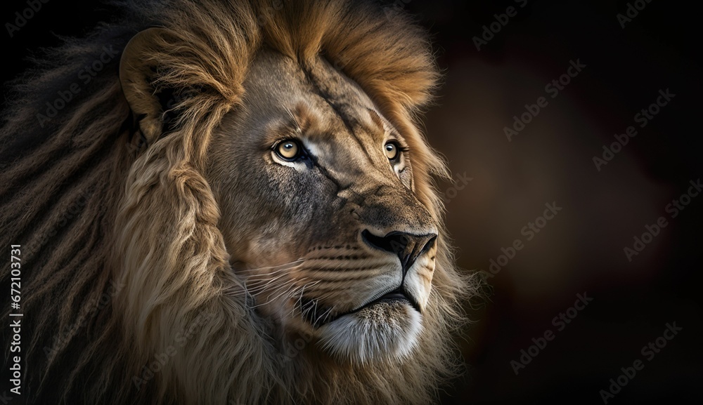 AI generated illustrationof a majestic lion's face against a dark background