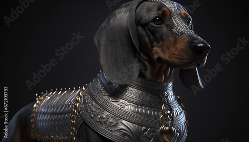 AI generated illustration of A dog wearing an ornate metal armor costume with a spiked collar