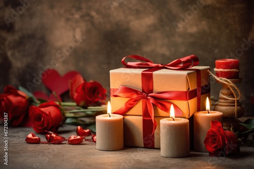 Valentine's Day, Gift box of kraft paper with a red ribbon and candles.