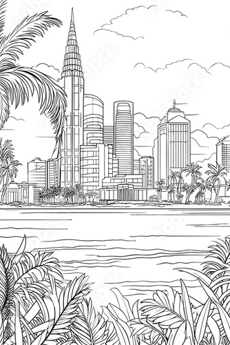 USA United States Miami cityscape black and white coloring page book for adults. US America Florida skyline, buildings, street, landmarks vector outline sketch for anti stress. Hand drawn