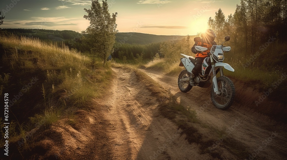 AI generated illustration of a motorbike traversing a dirt trail, illuminated by the sun AI generated illustration of a motorbike traversing a dirt trail, illuminated by the sun