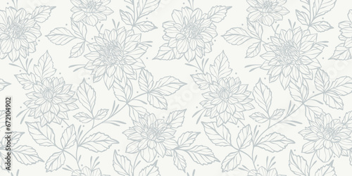 Fototapete White detailed line art floral vector pattern with hand drawn dahlia illustrations, seamless repeating wallpaper, elegant neutral vintage lace inspired background design