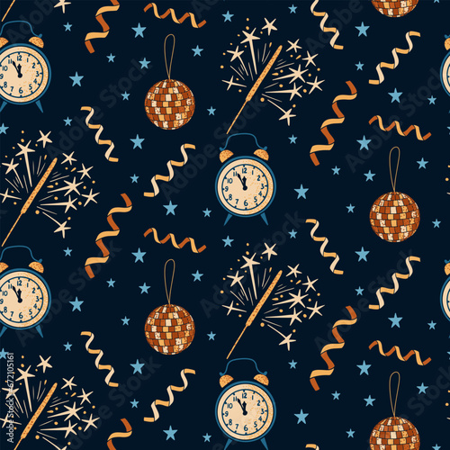 New Year Eve minimalistic hand drawn seamless pattern. Vector related to celebrating New Year items in flat style with dotted texture on dark background. Ideal for background, wrapping paper, textile