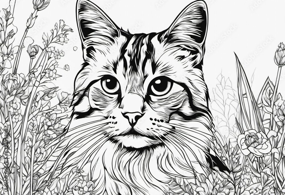 AI generated illustration of a black drawing of a cat on a meadow with a backdrop of wildflowers