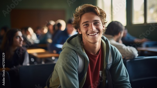 Portrait of a smiling male student in the classroom, student happy with learning