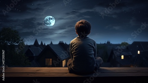 Back of a little boy looking at the moon by the window, child with science knowledge photo